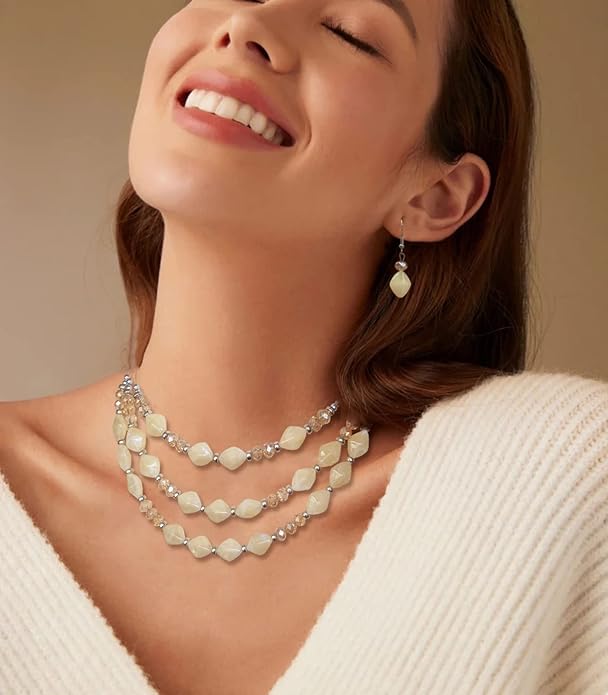 3 Layered Chunky Statement Necklace for Women Beaded Strand Necklaces with Earring Fashion Costumes Collar Necklace Jewelry Sets Gifts for Women