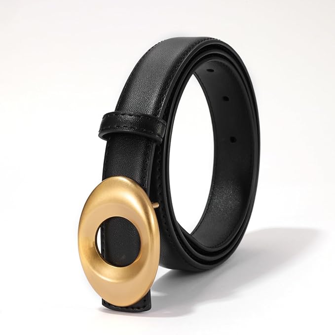 Women's Elegant Casual Genuine Leather Belt with Matte Oval Vintage Gold Buckle for Jeans Pants Dresses