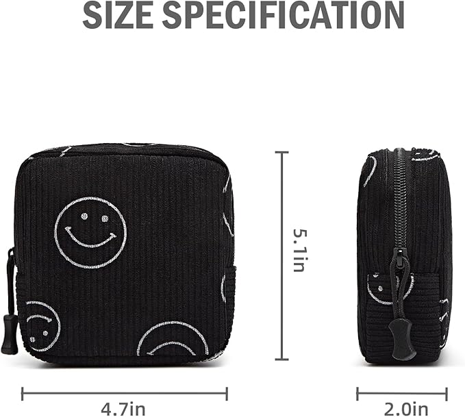 Small Makeup Bag for Purse,Mini Cosmetics Bag cute Zipper corduroy Cosmetic Pouch Storage Pouch Travel Toiletry Organizer for Women Girls(Smiley Face,Black)