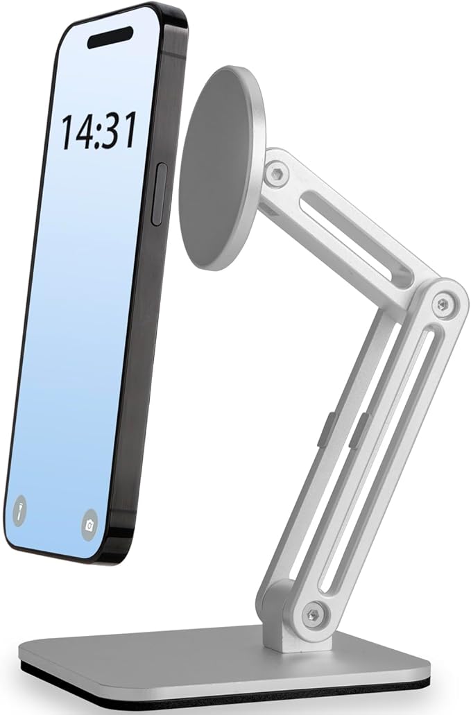 YUEFIEL Magsafe Phone Stand for Desk, Heightened & Adjustable & Foldable Metal Magnetic Phone Holder Stand for Desk/Office/Home, Compatible with iPhone 12-17All Series/Mag-Safe Case (Silver)