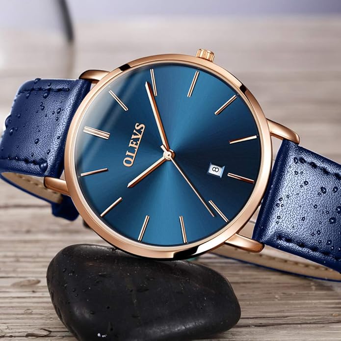 OLEVS Mens Watches Minimalist Ultra Thin Fashion Casual Analog Quartz Date Watch Waterproof Slim Simple Big Face Dress Wrist Watch Leather Band for Men