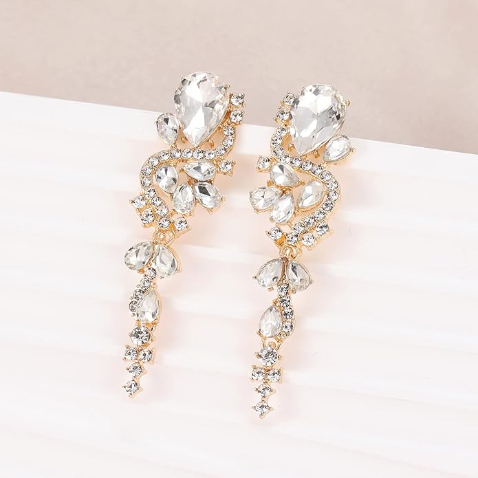 Fashion Rhinestone Statement Drop Dangle Earrings Long Colorful Crystal Bridal Wedding Teardrop Chandelier Earrings for Women Prom Pageant