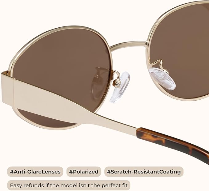 livho Retro Polarized Sunglasses - UV400 Protection, Oval Shape, Metal Frames - Matching Soft Case Inlcuded