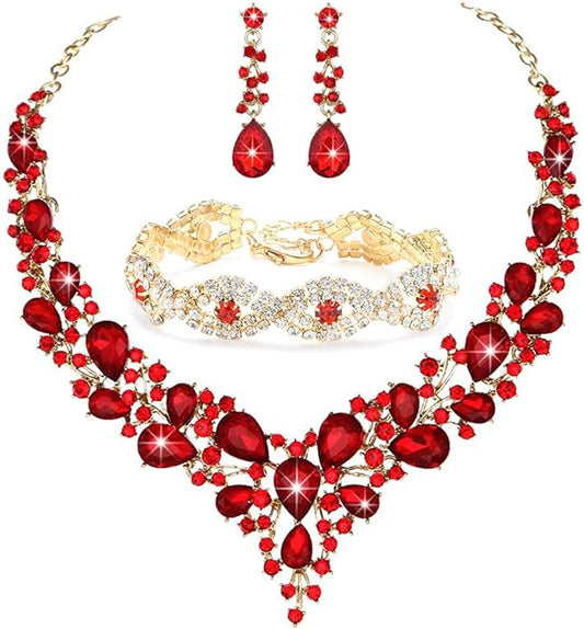 3/4 Pieces Women Jewelry Set Artificial Rhinestone Crystal Bride Statement Choker Necklace Tiara Crown Link Bangle Bracelet Teardrop Dangle Earrings Set