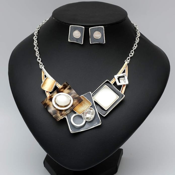 CSY Fashion Boho Oval Crystal Opals Statement Bib Necklace Earrings Bohemian Enamel Costume Jewelry Set Gifts for Women