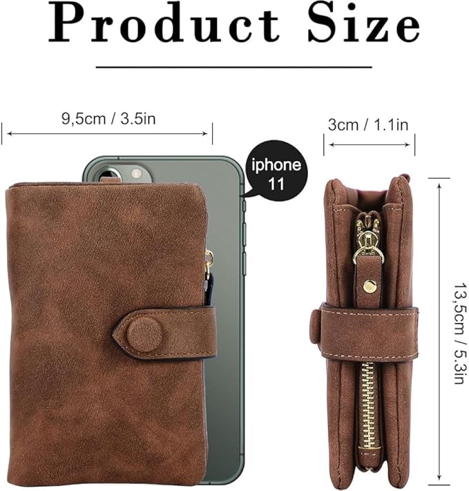 Women's Leather Wristlet Wallet, Bifold RFID Purse with ID Window, Zipper Coin Pocket for Daily Essentials (Brown)