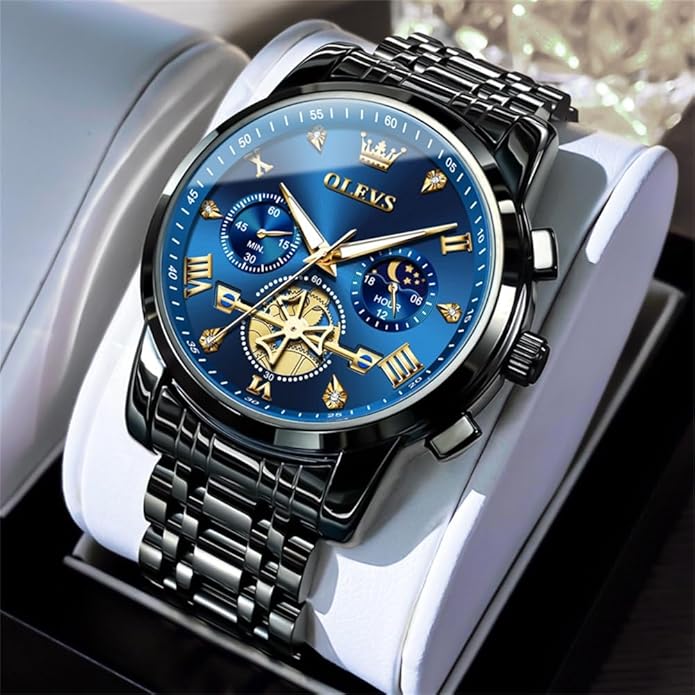 OLEVS Men Silver Watches,Men's Stainless Steel Chronograph Watch,Man Analog Quartz Big Face Male Watches Luxury Waterproof Roman Numeral Dress Diamond Relojes para Hombre