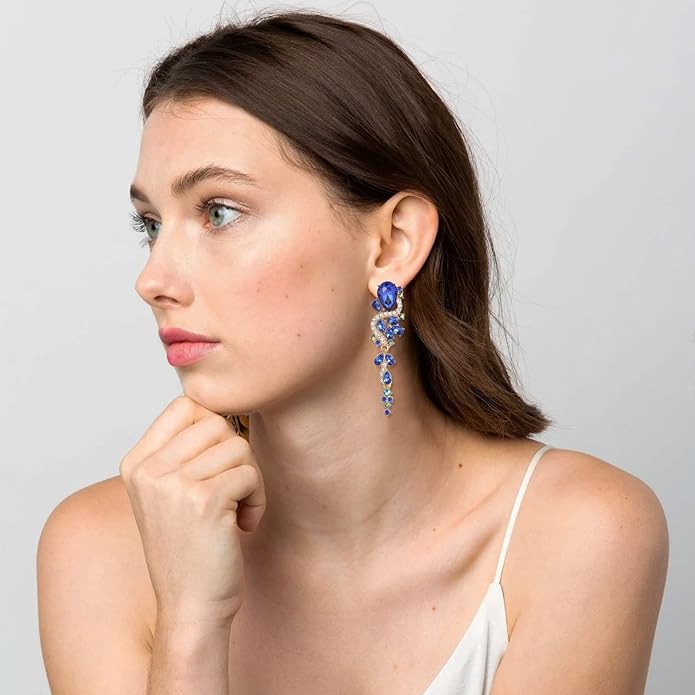 Fashion Rhinestone Statement Drop Dangle Earrings Long Colorful Crystal Bridal Wedding Teardrop Chandelier Earrings for Women Prom Pageant