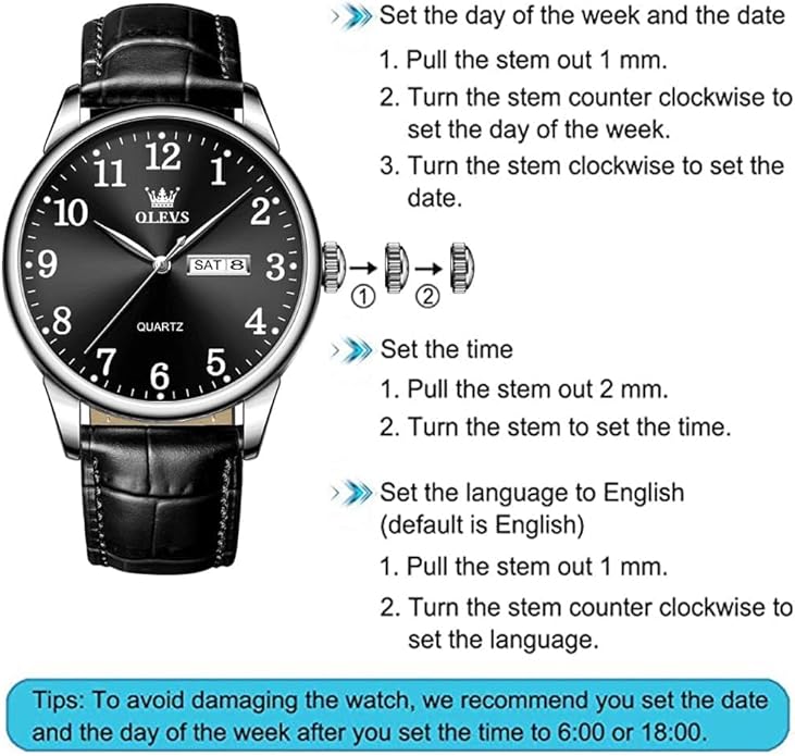 OLEVS Mens Watches Vintage Leather Band Dress Classic Easy Reader Arabic Numerals Analog Quartz Waterproof Date and Day Blue/Black/White Large Face Men's Wrist Watches