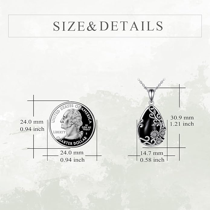 YFN Black Obsidian/Moonstone/Turquoise/Moss Agate Sunflower Filigree Teardrop Pendant Necklace Jewelry for Women - 925 Sterling Silver