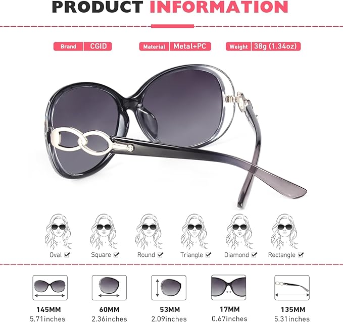 CGID Trendy Oversized Sunglasses Womens Ladies Polarized Retro Frame UV400 Shades Gradient Black