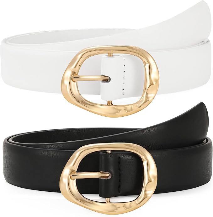 TRIWORKS 2 Pack Leather Belts for Women Fashion Waist Belt with Liquid Shapes Women Belt for Jeans Pants Dresses