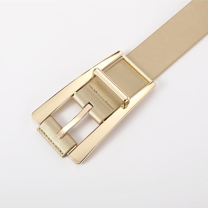 Women Casual Leather Gold Belt for Jeans Pants, Fashion Ladies Girls Gold Faux Leather Waist Belt