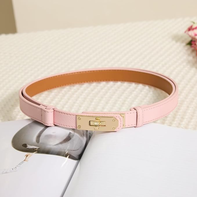 Skinny Leather Belts for Women with Adjustable Silver Turn-Lock Buckle for Dresses Jeans and Pants