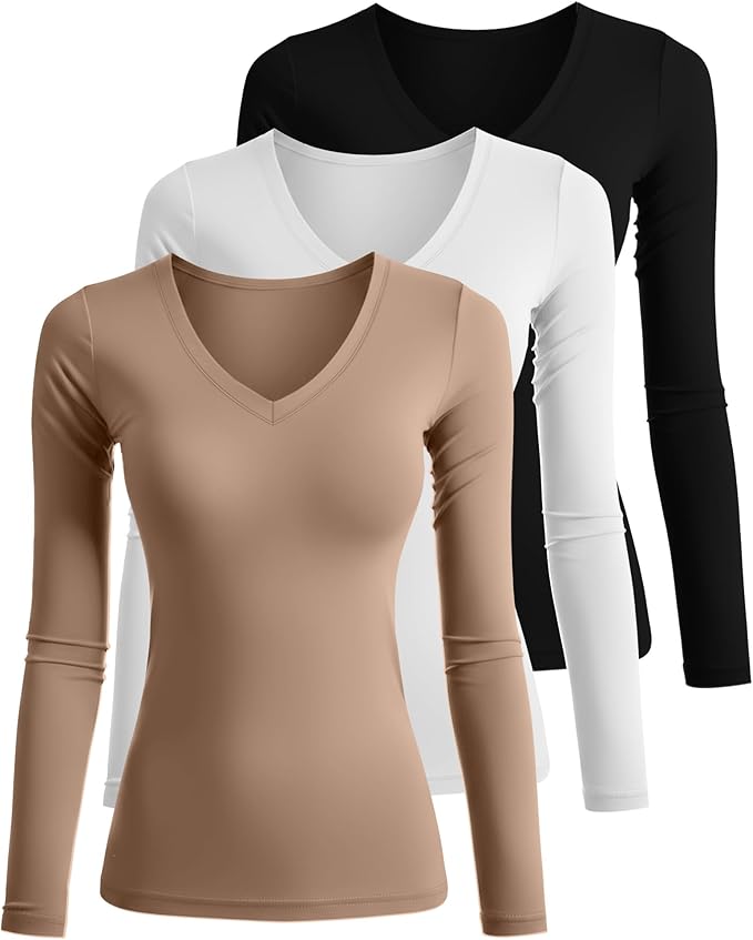 Ficerd 3 Pack Women's Long Sleeve Shirts, V Neck Basic Tees Slim Fitted Casual Fall Tops Going Out Blouses T Shirts
