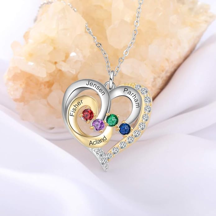 GLAMCARAT Personalized mothers necklace with birthstones names sterling silver jewelry for women customized engraved necklace
