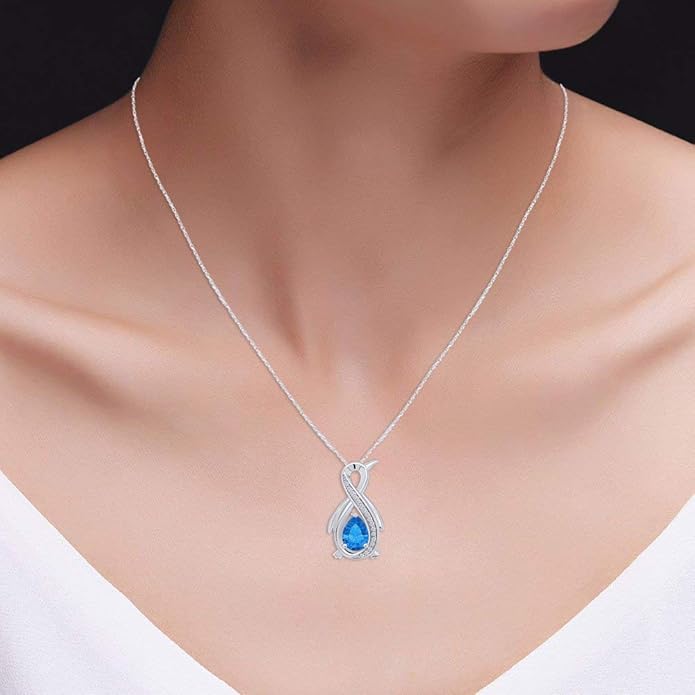Infinity Penguin Pendant Necklace for Women, 14K Gold Over Sterling Silver with Pear & Round Cut Simulated Birthstone & White Diamond Accents, Dainty Animal Jewelry Gift with 18" Chain
