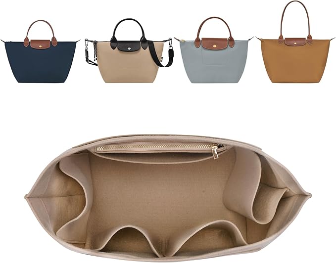 ZTUJO Purse Organizer Insert For Longchamp Le Pliage, Premium Felt Longchamp Purse Organizer Insert Small Medium Large, Tote Organizer Insert (Beige, Large For Top Handle M And Shoulder Bag L)