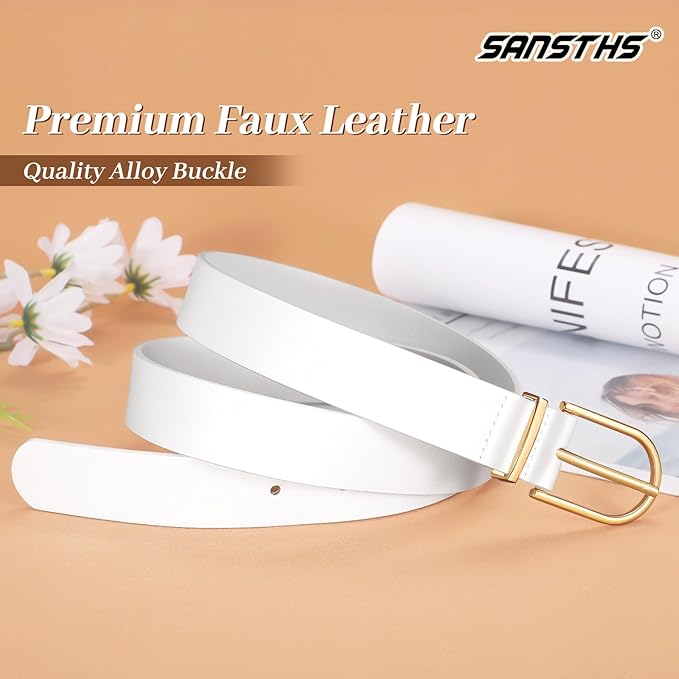 SANSTHS Women Faux Leather Chic Belts for Jeans Pants Fashion Ladies Belt Solid Color with Gold Curved Pin Buckle