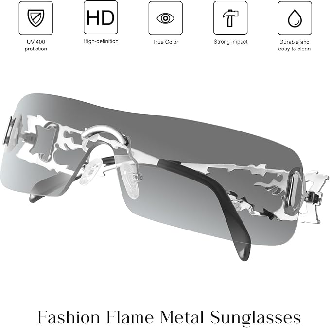 mosanana Y2K Rhinestone Flame Rectangle Sunglasses for Women with Bling Glitter MS52350
