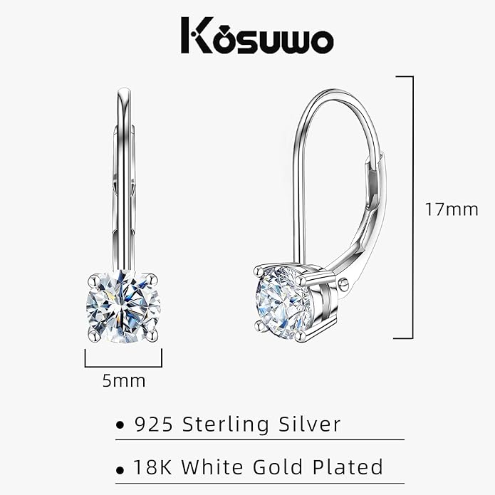 Moissanite Earrings for Women 2.0CT D Color,18K White Gold Plated Sterling Silver Dangle Earrings, Leverback Drop Earrings Jewelry for Gifts