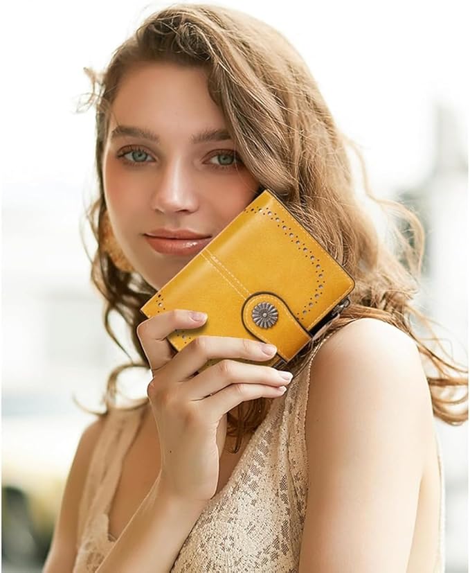 Premium Slim Genuine Leather Bifold Wallet for Women with Advanced RFID Blocking Technology and Zippered Coin Compartment (Yellow)