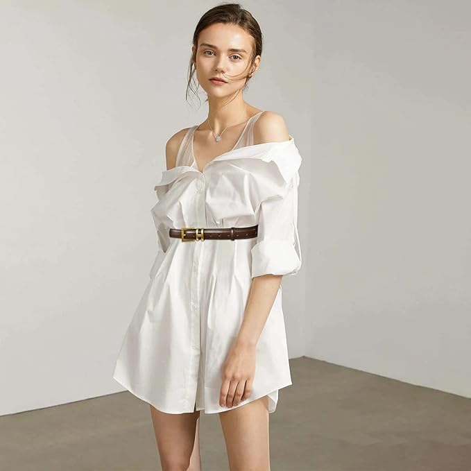 Women's Fashion Classic Metal Buckle Leather Belt with Jeans Dress