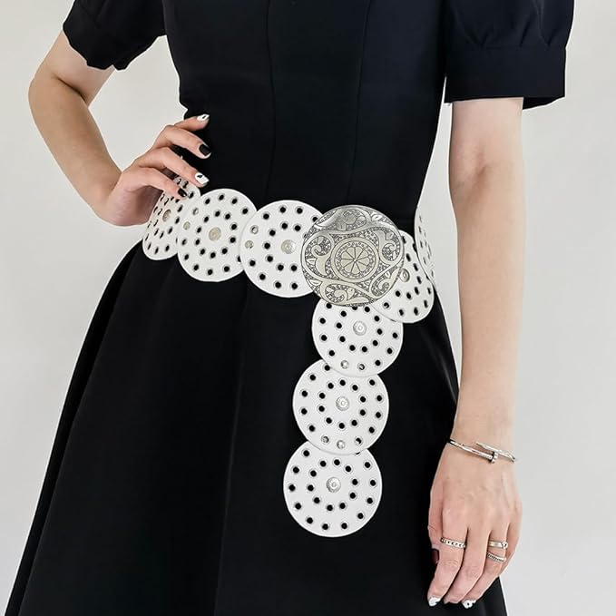 Hollow Wide Disc Belt for Women Concho Leather Metal Buckle Boho Belt Cowgirl Vintage Western Chunky Waist Belts