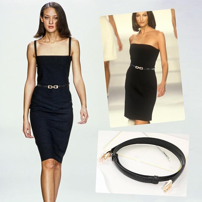 Glamorstar Skinny Belts for Women Thin PU Leather Waist Belt with Gold Buckle for Dresses