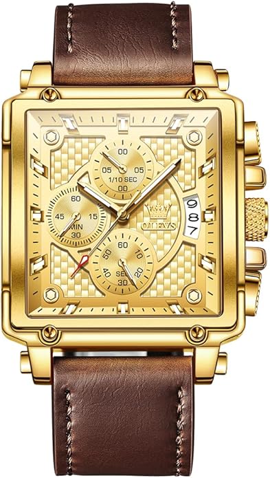 OLEVS Men's Casual Leather Watch, Big Face Chronograph Watch for Men, Fashion Easy to Read Dress Watch, Men's Waterproof Luminous Date Analog Watch, Gold/Black/White/Blue Dial