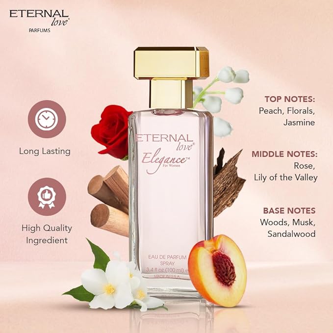 Eternal Love Elegance for Women - Long Lasting Eau de Parfum Spray - Sweet Floral Fruity Fragrance with Peach, Jasmine & Sandalwood - Summer Scent - 3.4oz