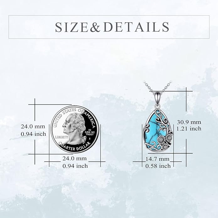 YFN Black Obsidian/Moonstone/Turquoise/Moss Agate Sunflower Filigree Teardrop Pendant Necklace Jewelry for Women - 925 Sterling Silver