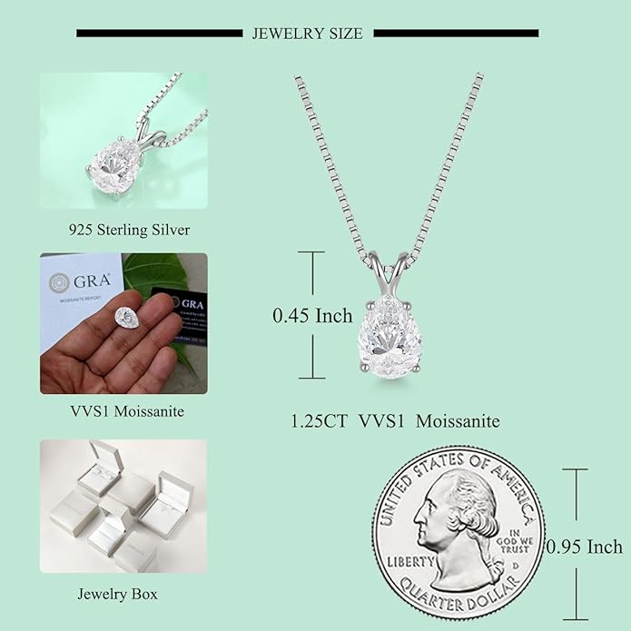 STARCHENIE Moissanite Pendant Necklace for Women D Color VVS1 1.25CT Moissanite Necklace Pear Cut 925 Sterling Silver 18K White Gold Plated Jewelry