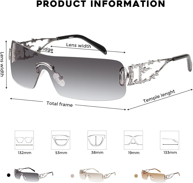 mosanana Y2K Rhinestone Flame Rectangle Sunglasses for Women with Bling Glitter MS52350