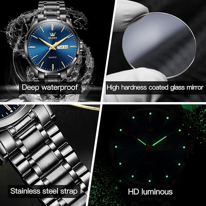OLEVS Classic Men Watches with Date,Stainless Steel Man Watch with Date, Bussiness Watches for Men,Luminous Quartz Mens Watches Black/White/Blue/Gold, Waterproof Male Watch with Week