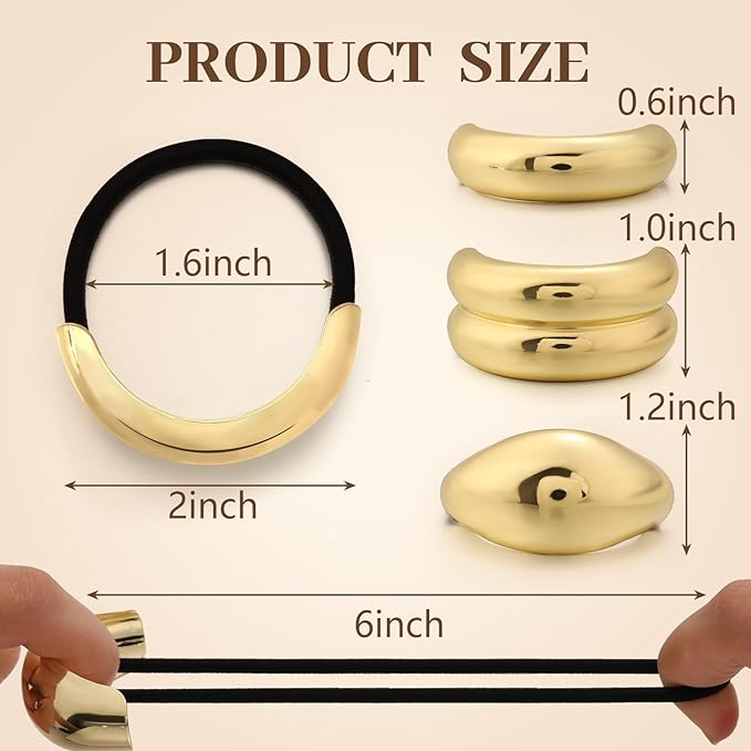 3PCS Gold Hair Ties, Metal Hair Ties for Thick Hair, Elegant Durable Geometric Design, Gold Hair Accessories Stretchy and Non-Damage Ponytail Cuff Holders, 3 Styles in Box Holiday Gifts