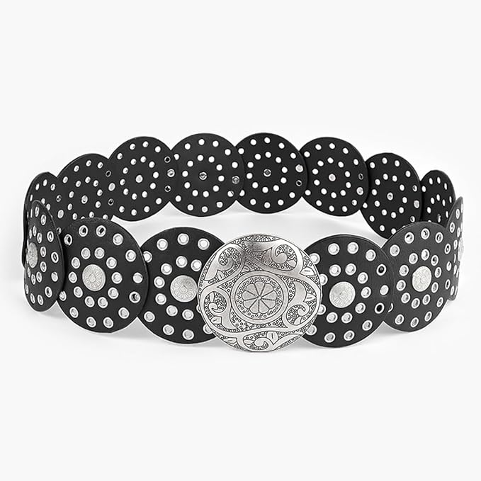 Hollow Wide Disc Belt for Women Concho Leather Metal Buckle Boho Belt Cowgirl Vintage Western Chunky Waist Belts