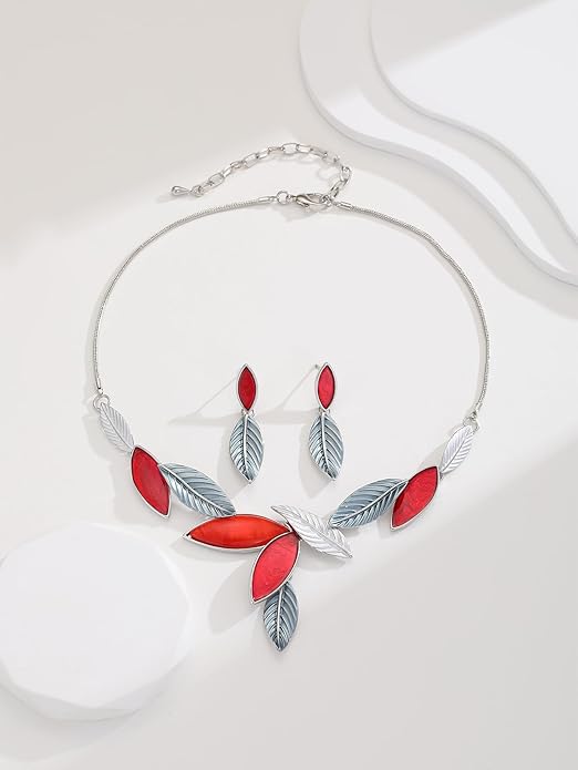 Vintage Chunky Statement Jewelry Set Retro Leaf Floral Geometric Bohemian Boho Bib Necklace Earring Set Fashion Costume Jewelry for Women Girls Wedding Party Prom Unique Gift