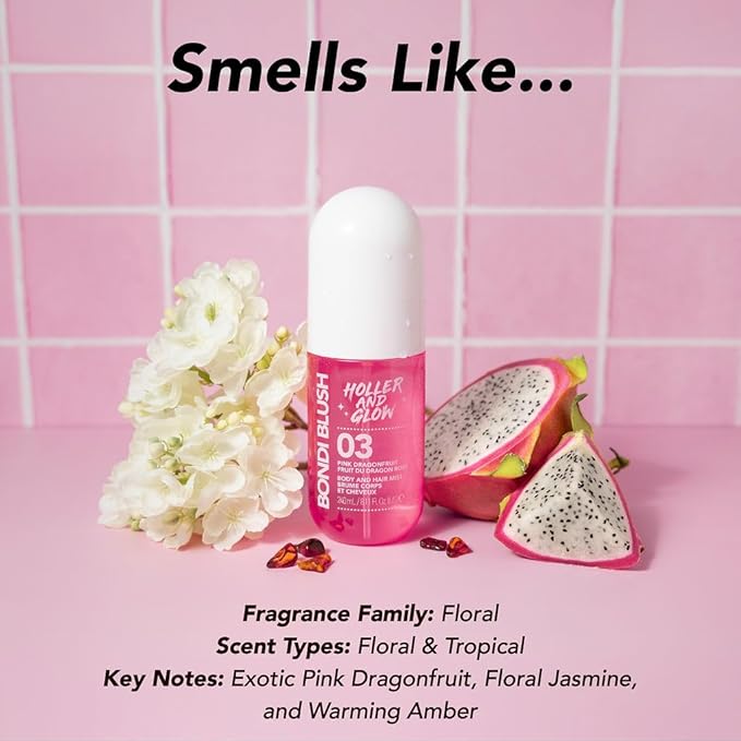Bundle of Holler And Glow Bondi Blush Pink Dragonfruit Body & Hair Mist + Body Butter, Body Spray, Hair Perfume For Women, Jasmine, Amber Scented, Floral, Moisturizing, Nourishing, 2 Piece Set