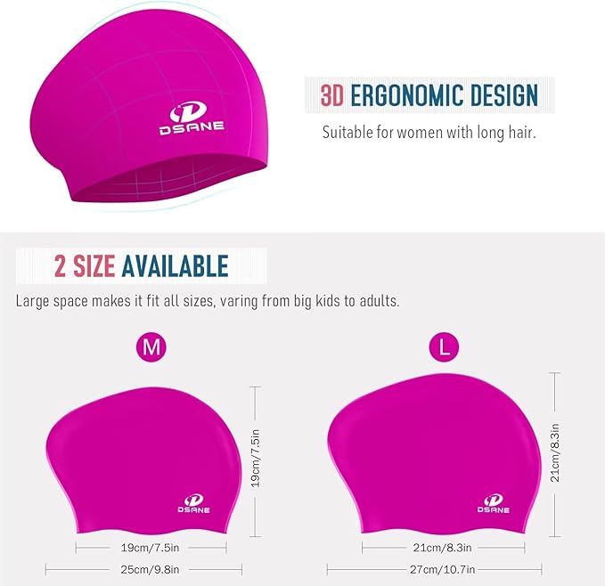 Womens Silicone Swim Cap for Long Hair,3D Ergonomic Design Silicone Swimming Caps for Women Kids Men Adults Boys Girls with Ear Plug and Nose Clip