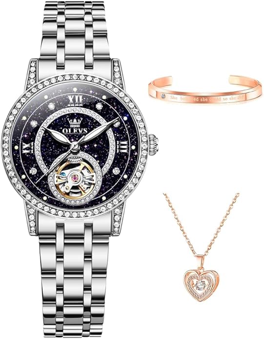 OLEVS Women’s Watch Automatic Diamond Tourbillon Luxury Fashion Stainless Steel Waterproof Luminous Wrist Watches for Ladies Gift Rose Gold/Starry Sky Blue/Silver