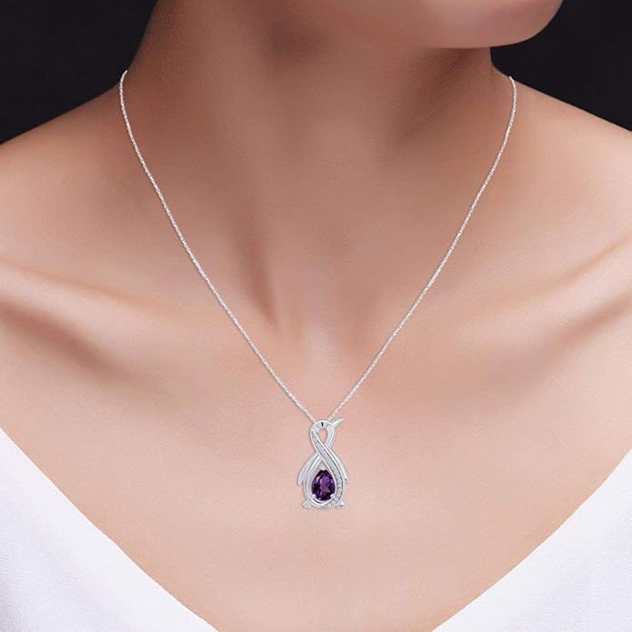 Infinity Penguin Pendant Necklace for Women, 14K Gold Over Sterling Silver with Pear & Round Cut Simulated Birthstone & White Diamond Accents, Dainty Animal Jewelry Gift with 18" Chain