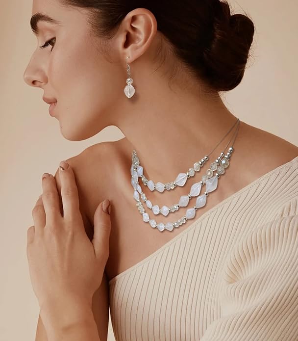 3 Layered Chunky Statement Necklace for Women Beaded Strand Necklaces with Earring Fashion Costumes Collar Necklace Jewelry Sets Gifts for Women