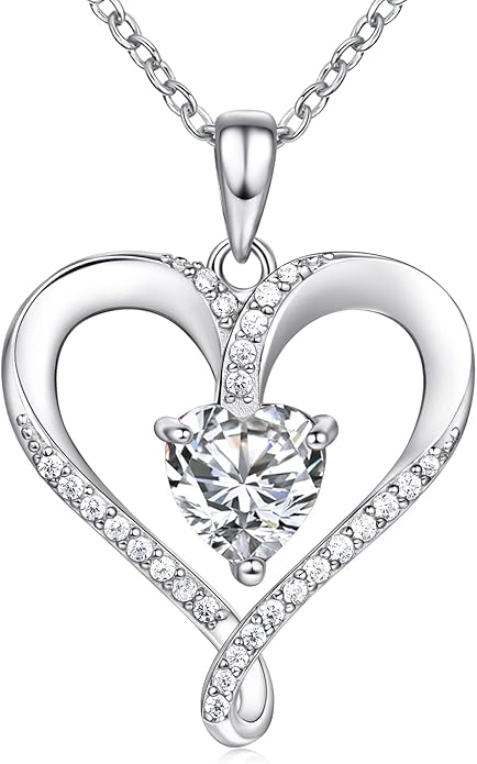 Birthstone Necklace for Women, 18K White Gold Heart Necklace Filled 925 Sterling Silver, Diamond Womens Jewelry Christmas Gifts for Women Wife
