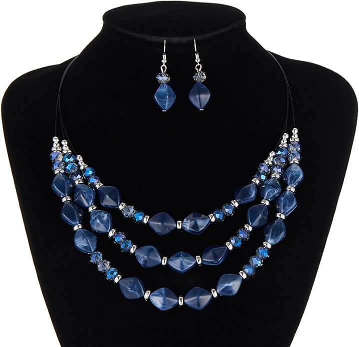 3 Layered Chunky Statement Necklace for Women Beaded Strand Necklaces with Earring Fashion Costumes Collar Necklace Jewelry Sets Gifts for Women