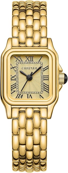 CHEETAH Gold Watches for Women with Small Vintage Bracelet, Rectangular Case Roman Dial