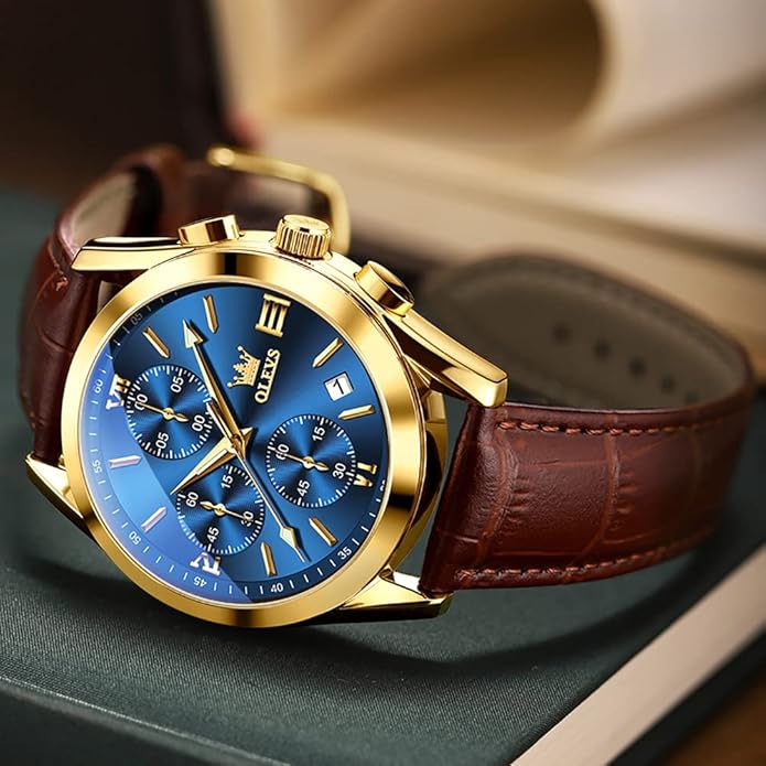 OLEVS Men's Watches Brown Leather with Date,Casual Watches for Men,Large Face Watches Men,Chronograph Mens Watch,Sport Waterproof Business Dress Analog Quartz Men's Wrist Watches Reloj De Hombre