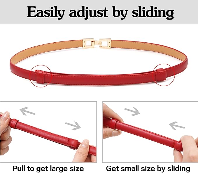 Women Skinny Belts, Thin Genuine Leather Waist Belts with Gold Buckle for Dresses