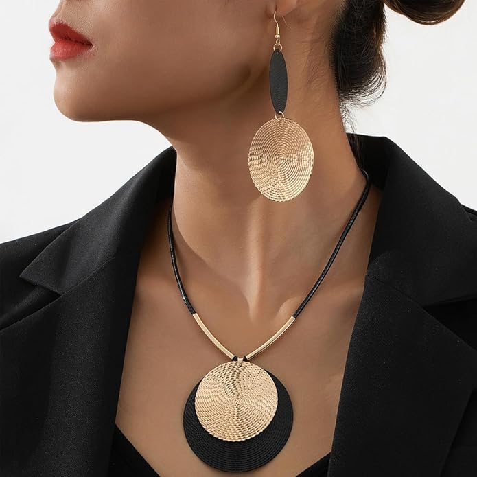 YOOESTORES82 Gold Disc Pendant Necklace Earrings Set Leather Cord Black Circle Statement Necklaces Geometric Textured Medallion Jewelry For Women Party Fashion
