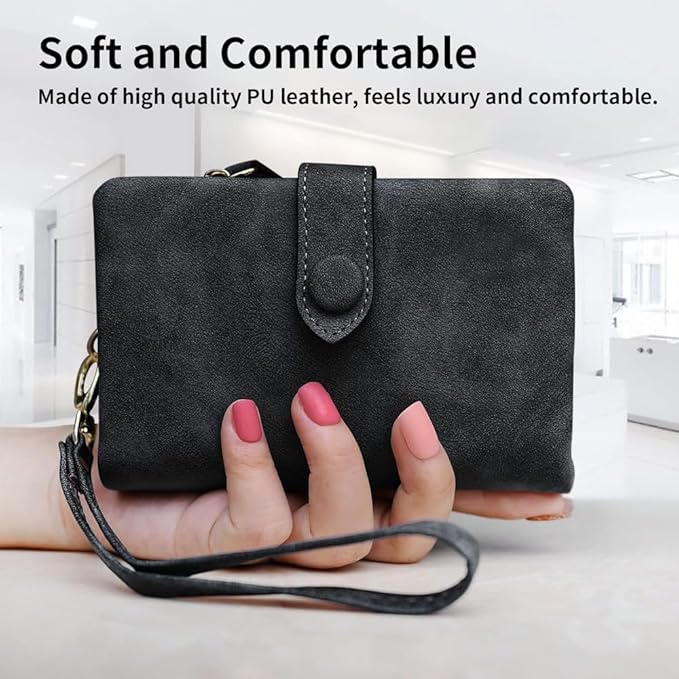 Women's Leather Wristlet Wallet, Bifold RFID Purse with ID Window, Zipper Coin Pocket for Daily Essentials (Black)